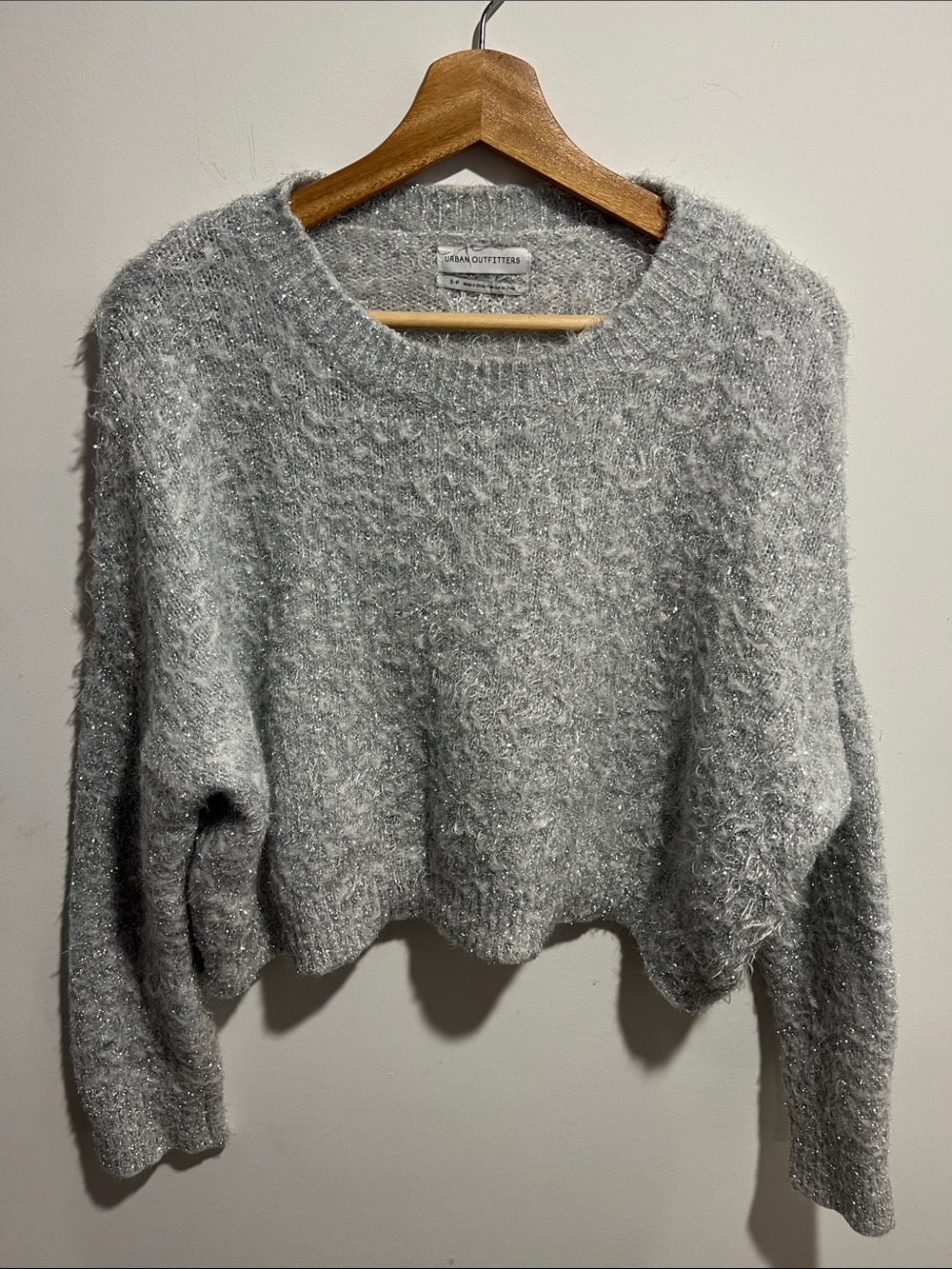 Urban Outfitters Silver-Gray Sparkly Fuzzy Cropped Crewneck Sweater Size Small
